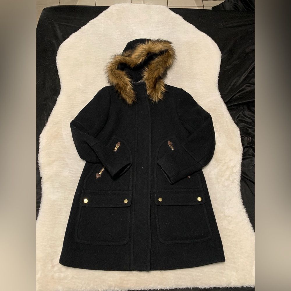 J.CREW Women Size 0 Black Chateau Parka in Italian Stadium-Cloth Wool Coat